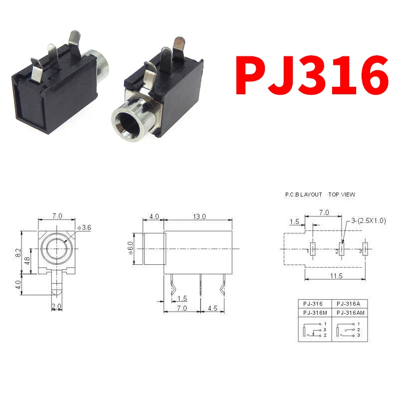 5/10 PCS  Headphone Jack Socket PJ316 PJ316M 3 Pin 3.5mm Audio Jack Socket for Headphone With Nut PJ-316M PJ-316