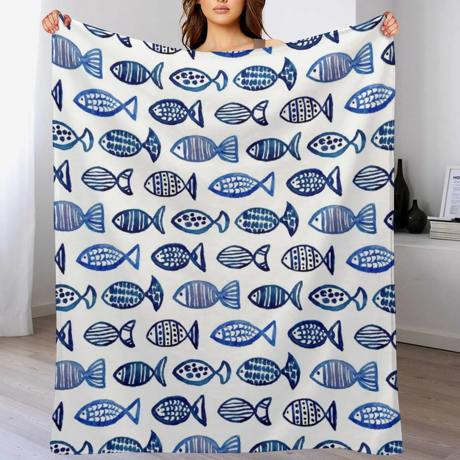 

Watercolor blue fish. Abstract sea animal pattern. Navy nautical art illustration Throw Blanket Giant Sofa Kid'S Baby Blankets