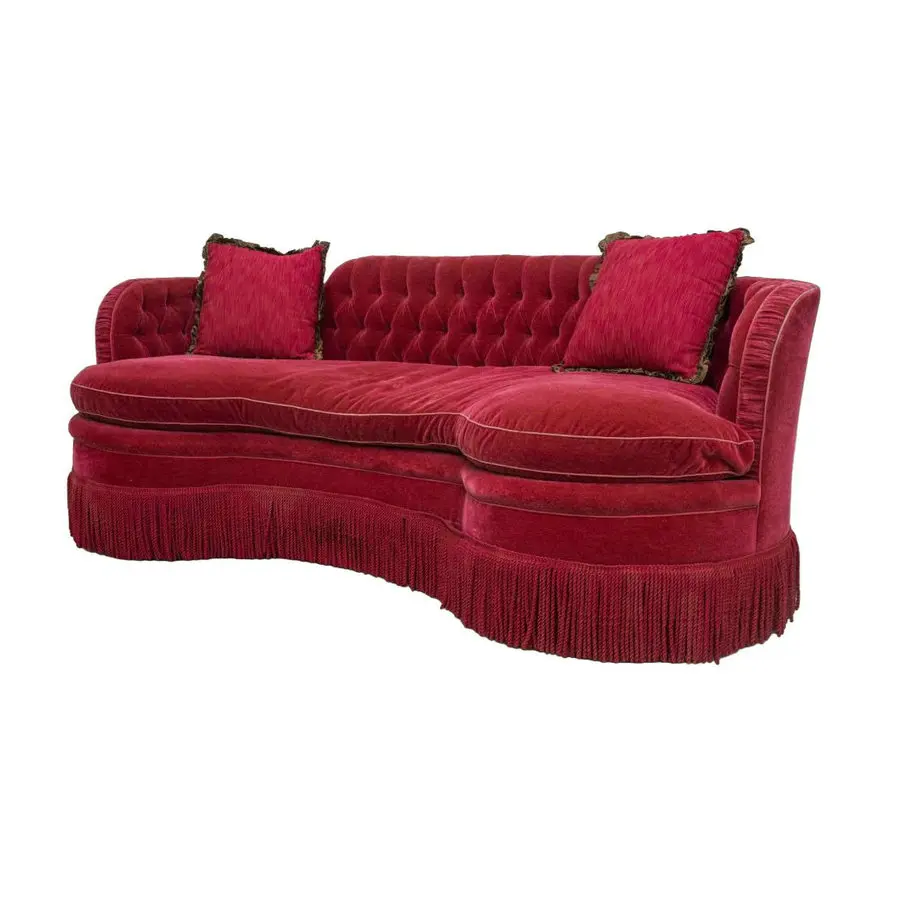#French Empire Style LivingRoom Curved Button Tufted Red Mohair Upholstered Fringed Sofa Hotel Lobby Couch with Tassels for Sale