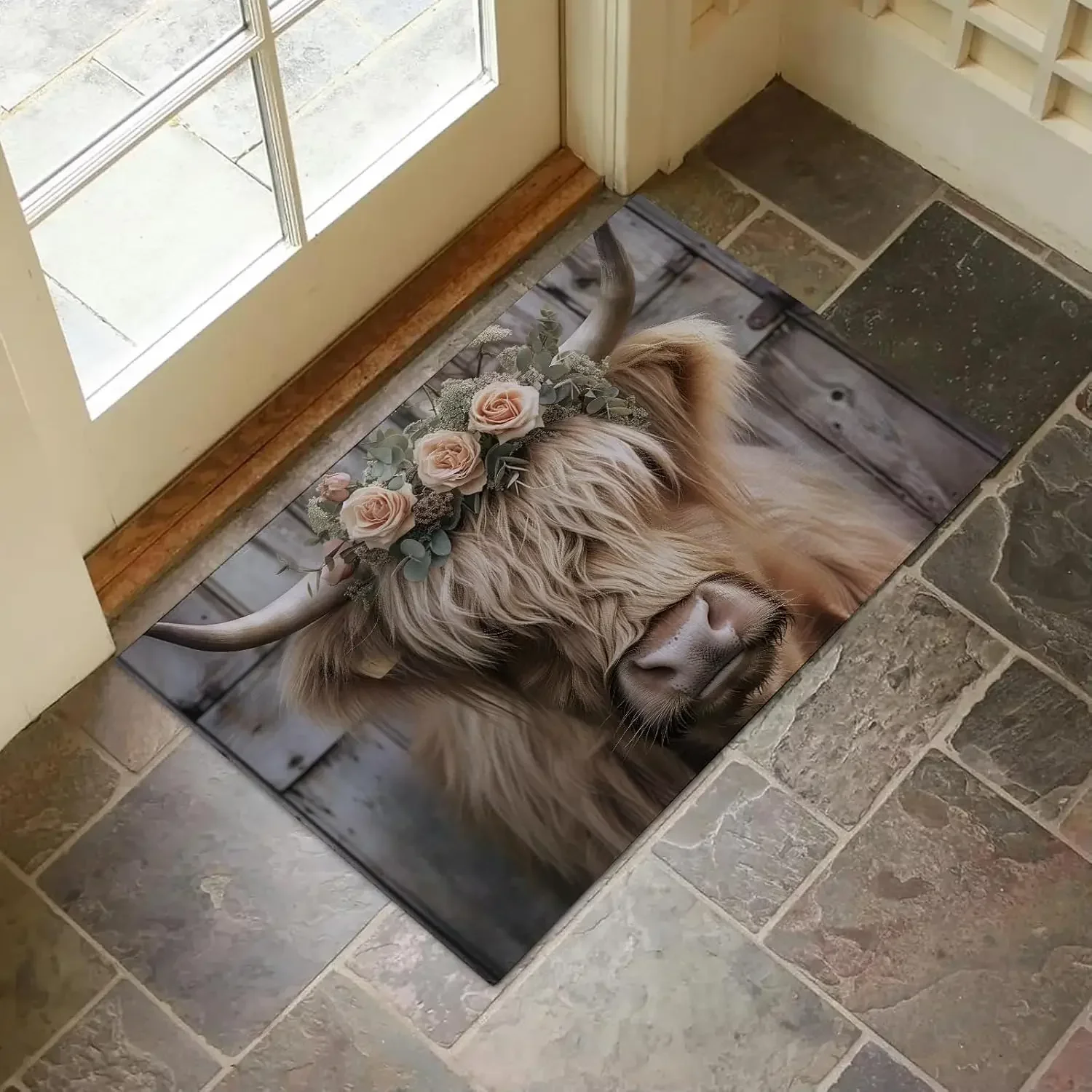 Highland Cow Floral Crown Indoor Door Mat Rustic Farmhouse Floor Doormat Non Slip Entryway Living Room Kitchen Bedroom Carpet