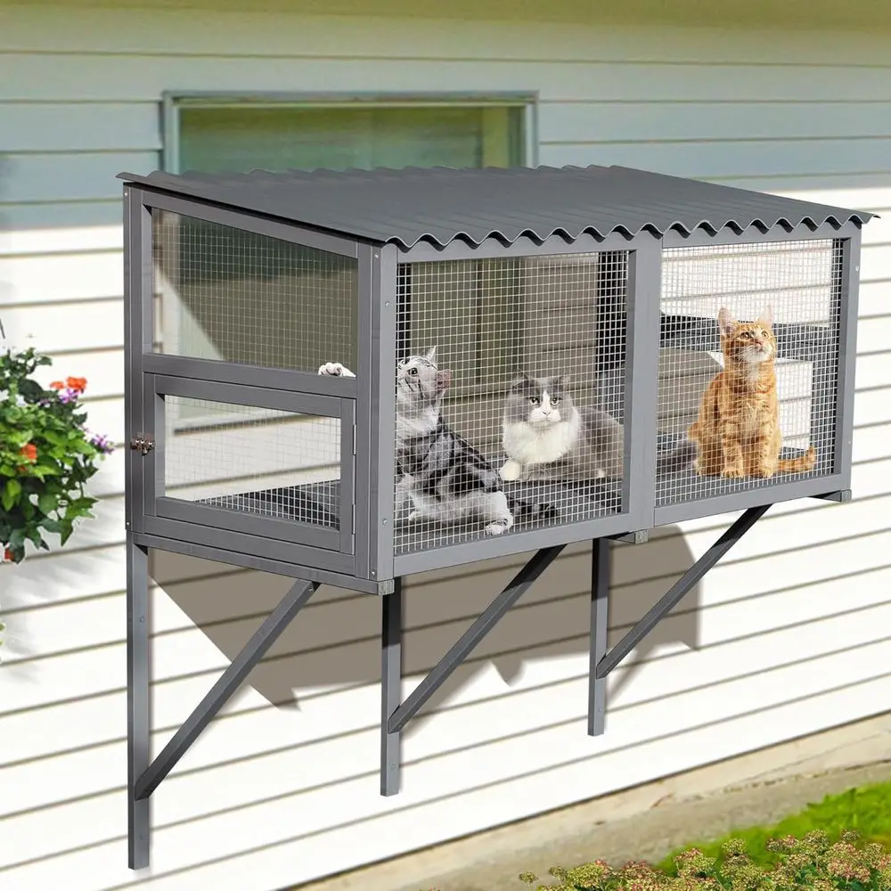 

All-Weather Large Catio Pet Perch with Metal Mesh Door and Wooden Window Enclosure for Indoor Cats