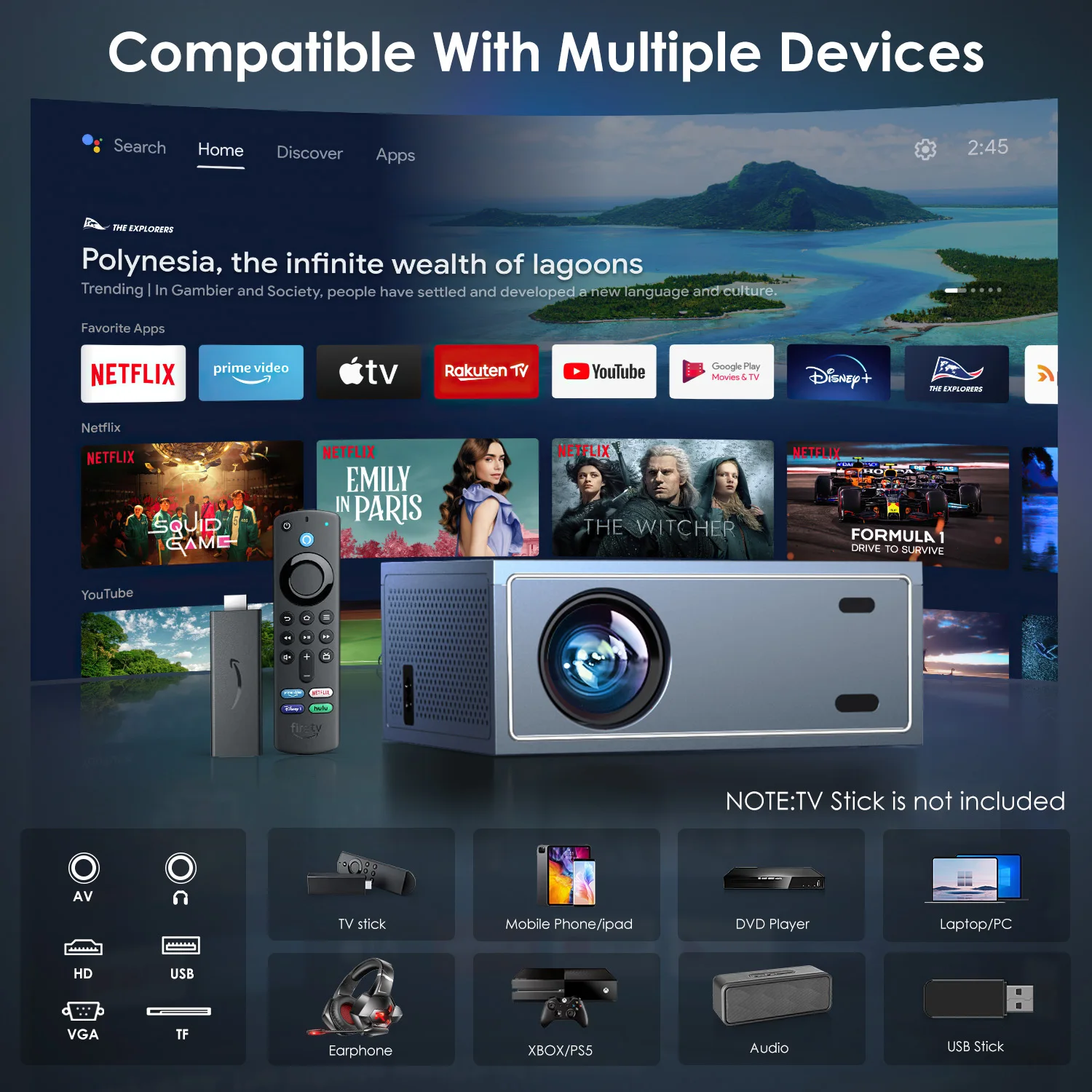 July008 Native 1080P Projector 4K Support 300" LED Technology Home Theater Projector 5G/2.4G Wifi