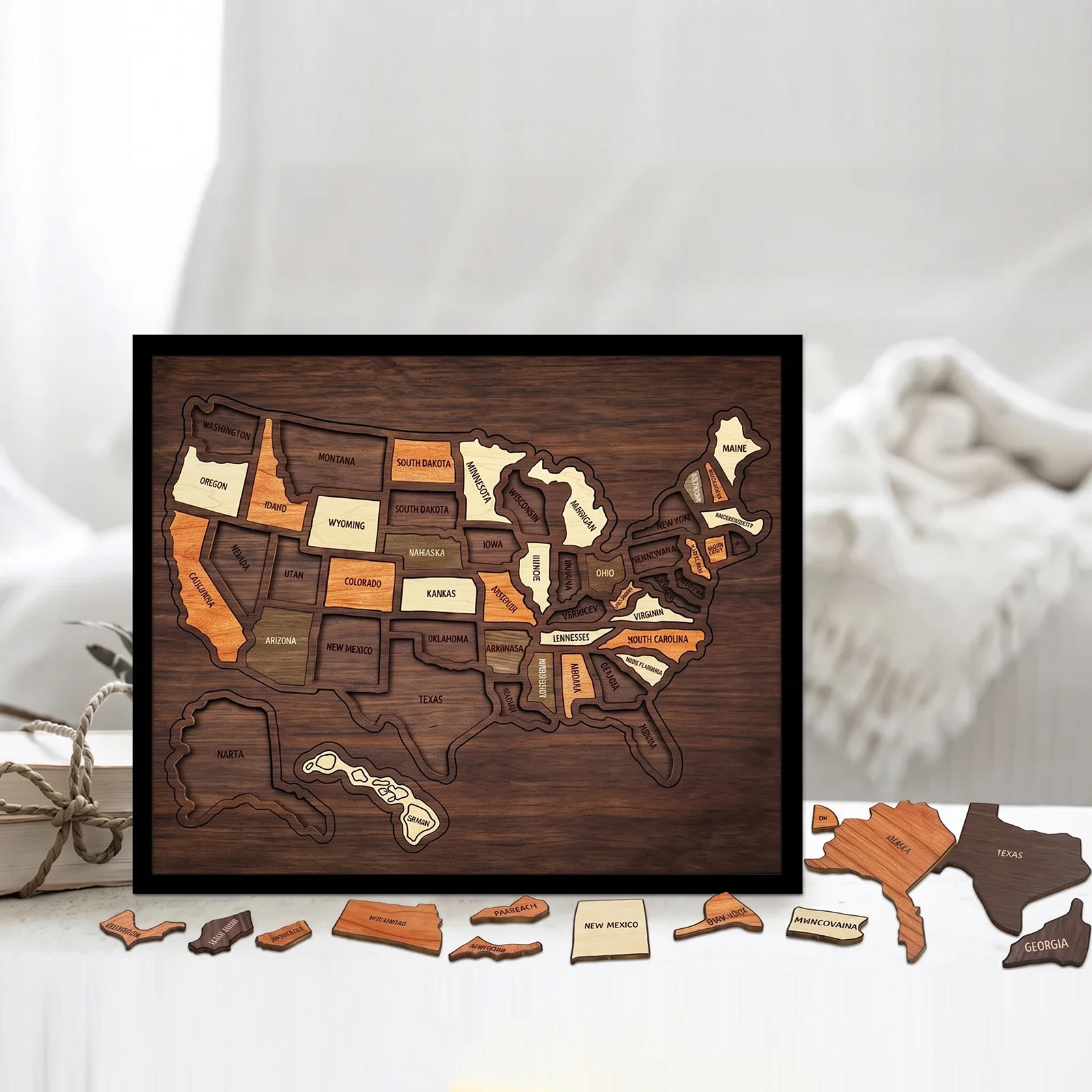 Puzzle en bois des cartes des États-Unis, jouet interactif réutilisable pour l'apprentissage de la géographie, puzzle en bois portable pour les couples et les familles, cadeau