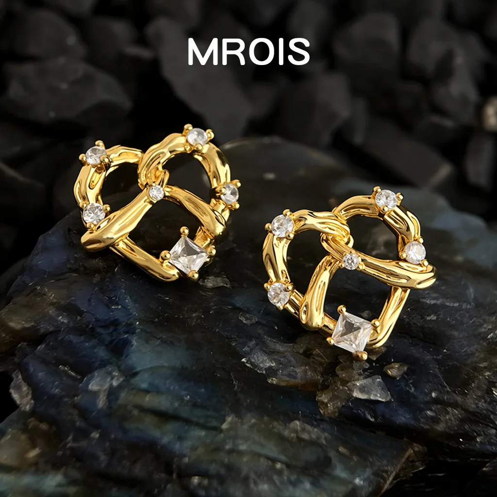 Designer model, alkaline water love heart micro-inlaid zircon S925 silver needle electroplated 18K real gold light luxury stud e