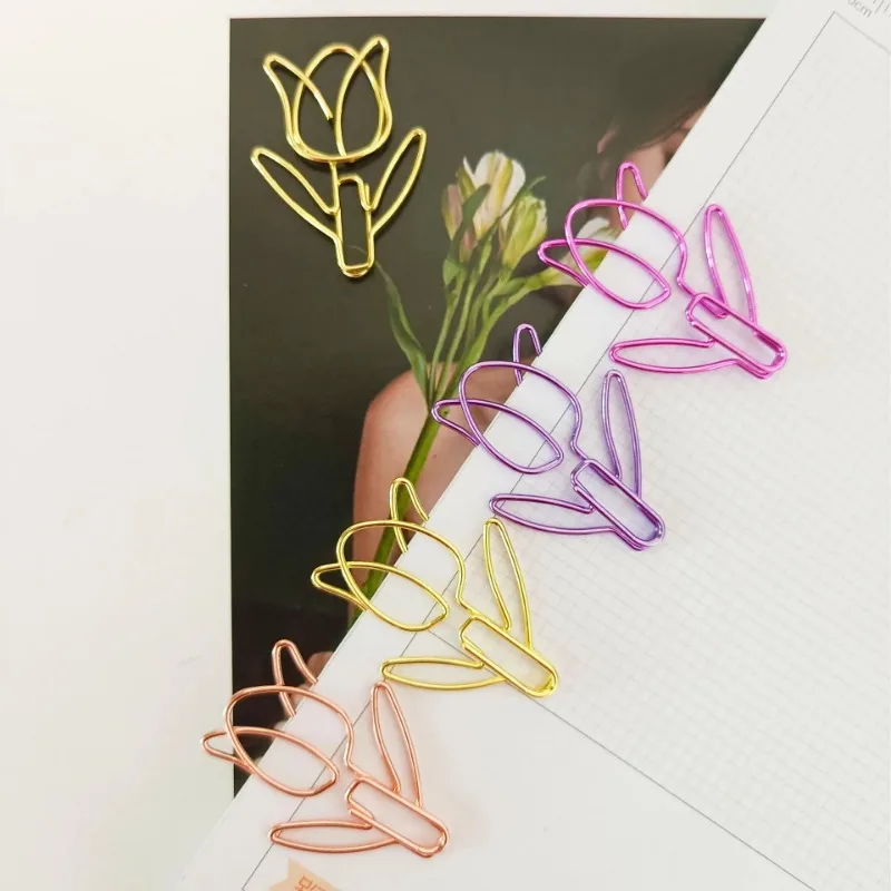 Clips de papel de tulipán, marcapáginas Kawaii para cuaderno planificador, papelería coreana, Clips para fotos, suministros de oficina, carpeta marcapáginas, 10 Uds.