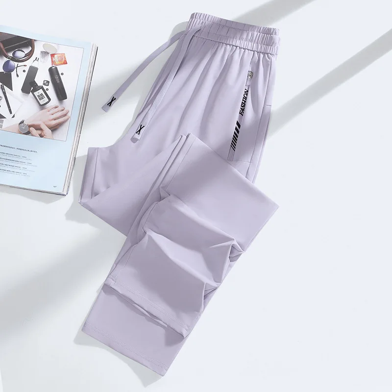 

New High Quality Ice Silk Pants For Men Women Summer Thin Loose Quick Dry Breathable Sports Straight Leg Tie Casual Pants