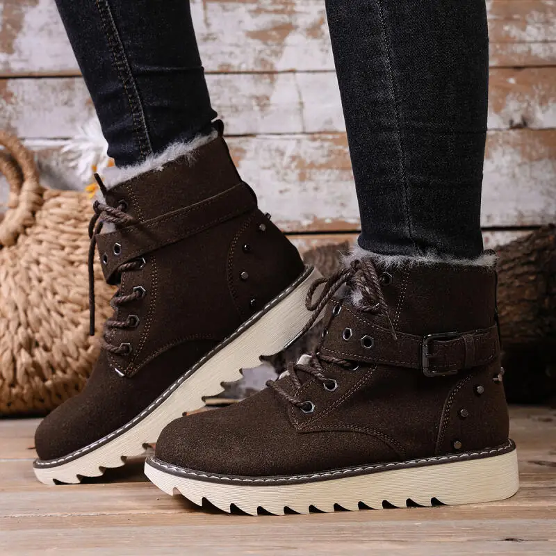 

Vintage Metal Belt Buckle Thick Bottom Ankle Boots Women 2025 Winter Brand Non Slip Suede Snow Boots Woman's Short Work Booties