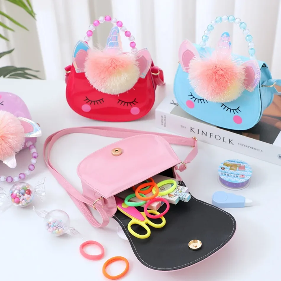 Cute Unicorn Fashion Handbag Girls Beaded Crossbody Bag Color One Shoulder Messenger Bag Children Anime Cartoon Mini Purse