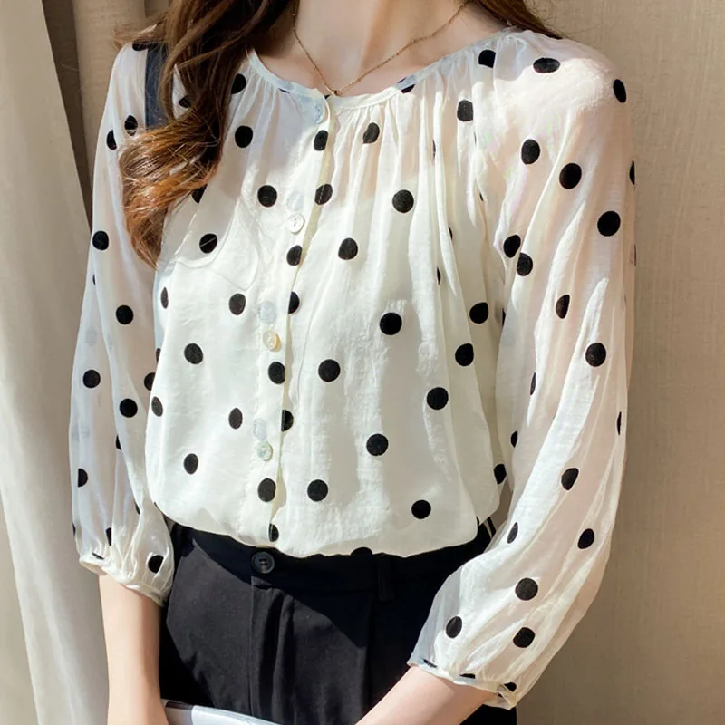 

Summer 2022 New Fashion Clothing Office Wear Polka Dot Shirt Chiffon Top and Blouse Spliced Button Puff Sleeve Blusa Female 1643