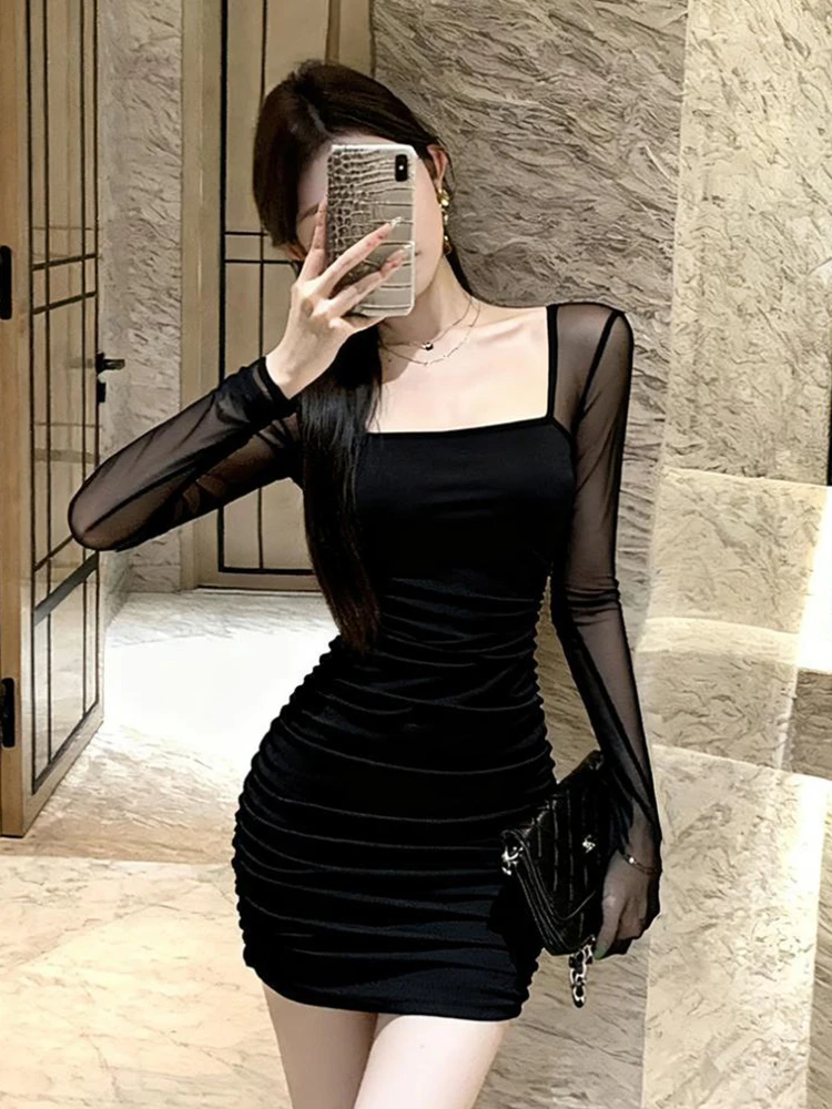 เดรสสั้นรัดรูปผ้าทูลล์สีดำสำหรับผู้หญิง แขนจีบ คอเหลี่ยม ทรงเข้ารูป เซ็กซี่ เหมาะสำหรับงานปาร์ตี้ คลับ งานพรอม แฟชั่นใหม่สำหรับสุภาพสตรี