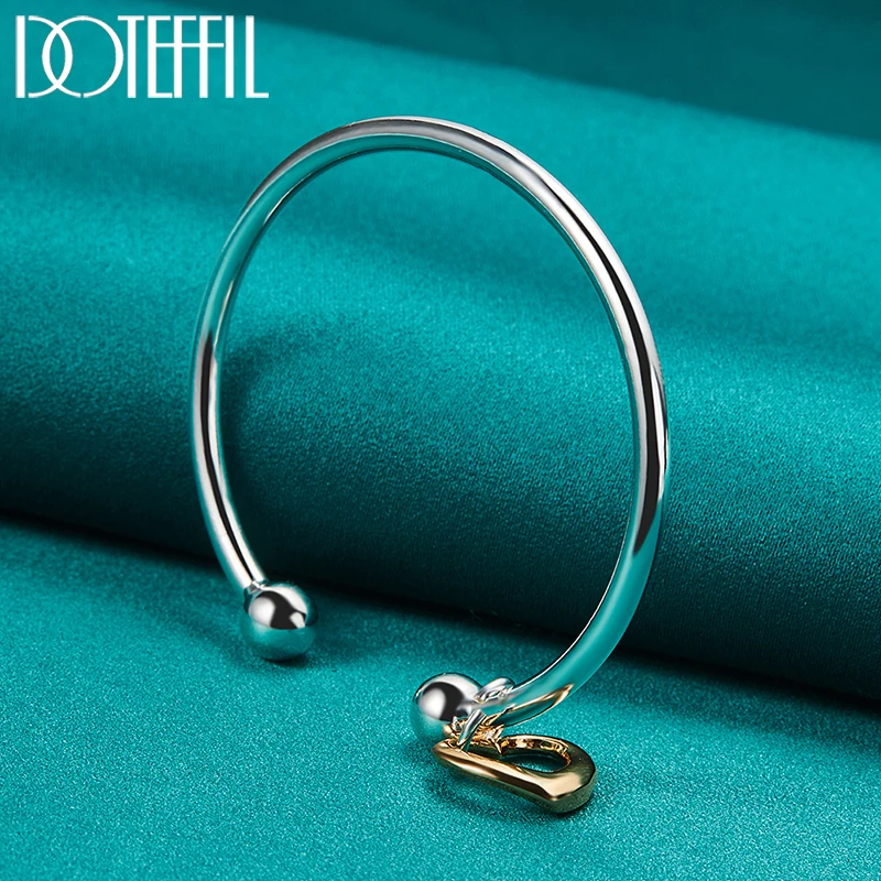 DOTEFFIL 925 Sterling Silver Gold Heart Cuff Bangle Bracelet For Man Woman Wedding Engagement Fashion Charm Party Jewelry