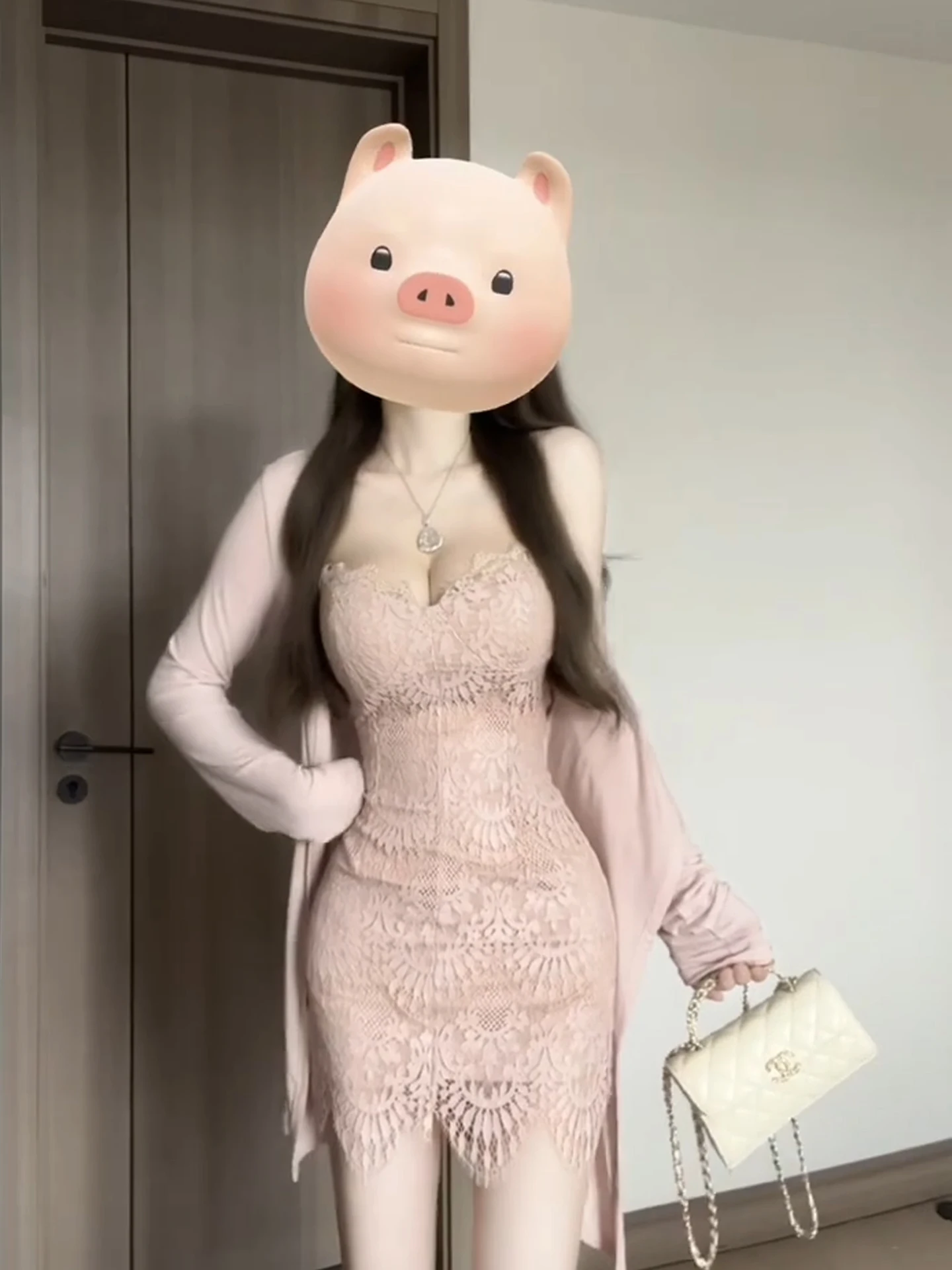 XZY Pink Lace Slim Fit Strap Dress Women's Summer Casual Style Two-Piece Set Polyester Fiber V-Neck Short Skirt without Sleeve