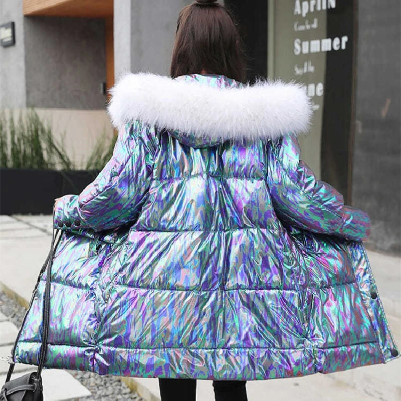 Hooded Fur Collar Women\'s Parka 2022 Winter New Mid-Length Jackets Shiny Glossy Down Padded Outwear Long Sleeve Female Fashion