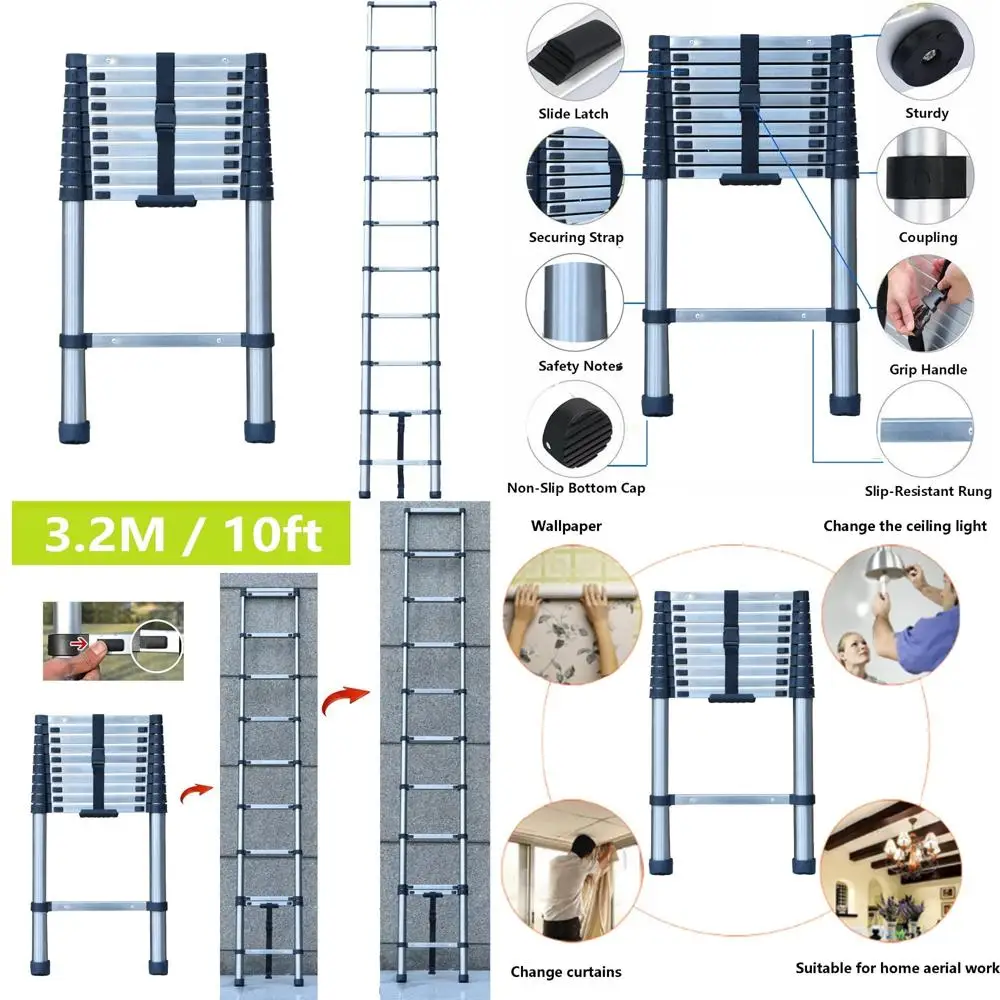 Stainless Steel Telescoping Extension Ladder - 10 Feet, 330 lbs Capacity, Collapsible for Home Use, Multi-Purpose Utility Ladder