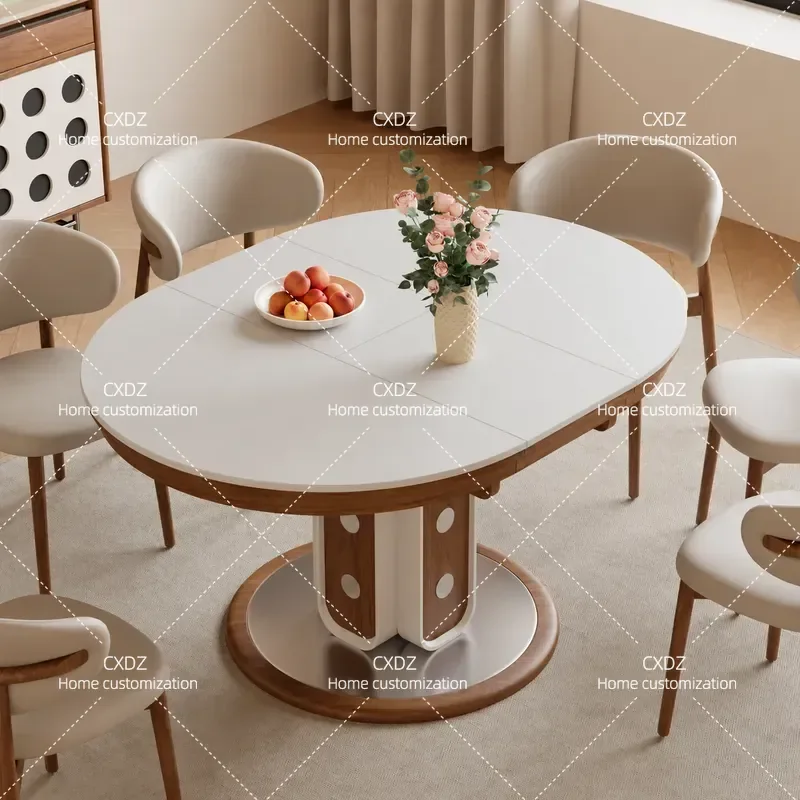 Cream antique travertine rock slab folding solid wood dining table variable round table household round telescopic dining