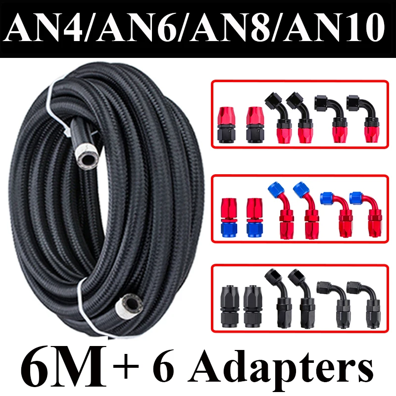 

6M AN4 AN6 AN8 AN10 Car Fuel Hose Oil Gas Cooler Hose Line Pipe Tube Nylon CPE Rubber + 0 45 90 Degree Swivel Hose End Fittings