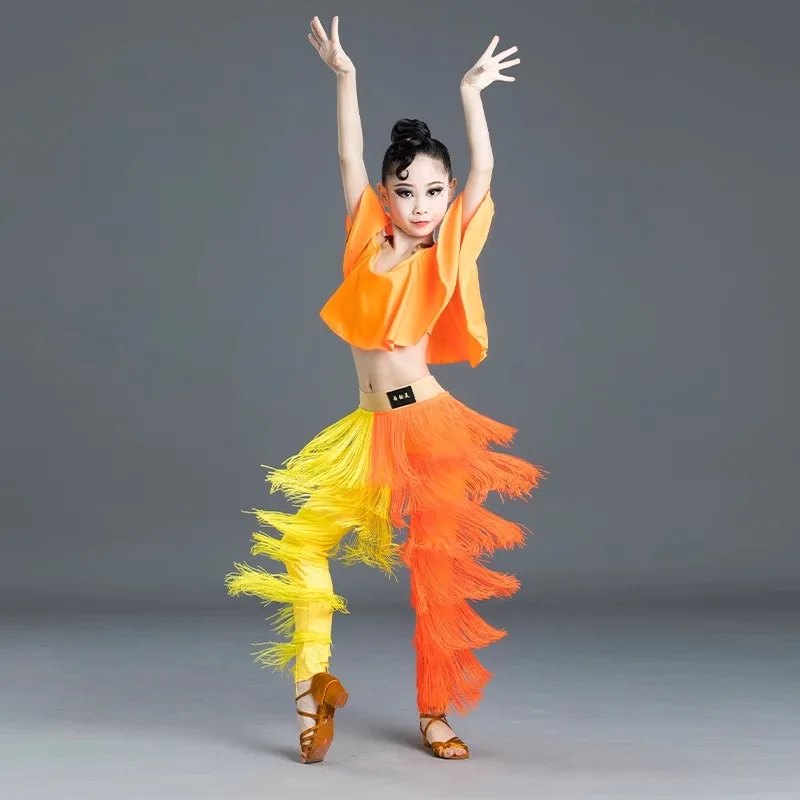 Novas crianças borla roupas de competição de dança latina meninas padrão nacional dança borla calças terno prática roupas desempenho
