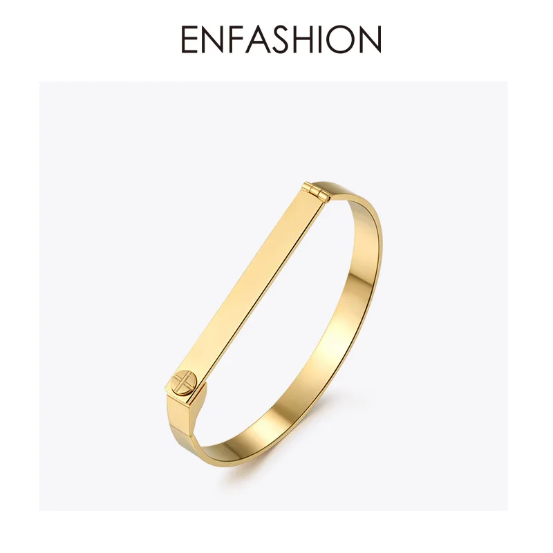 Enfashion Personalized Engraved Name Bracelet Gold Color Bar Screw Bangles Lovers Bracelets For Women Men Cuff Bracelets B4003-M