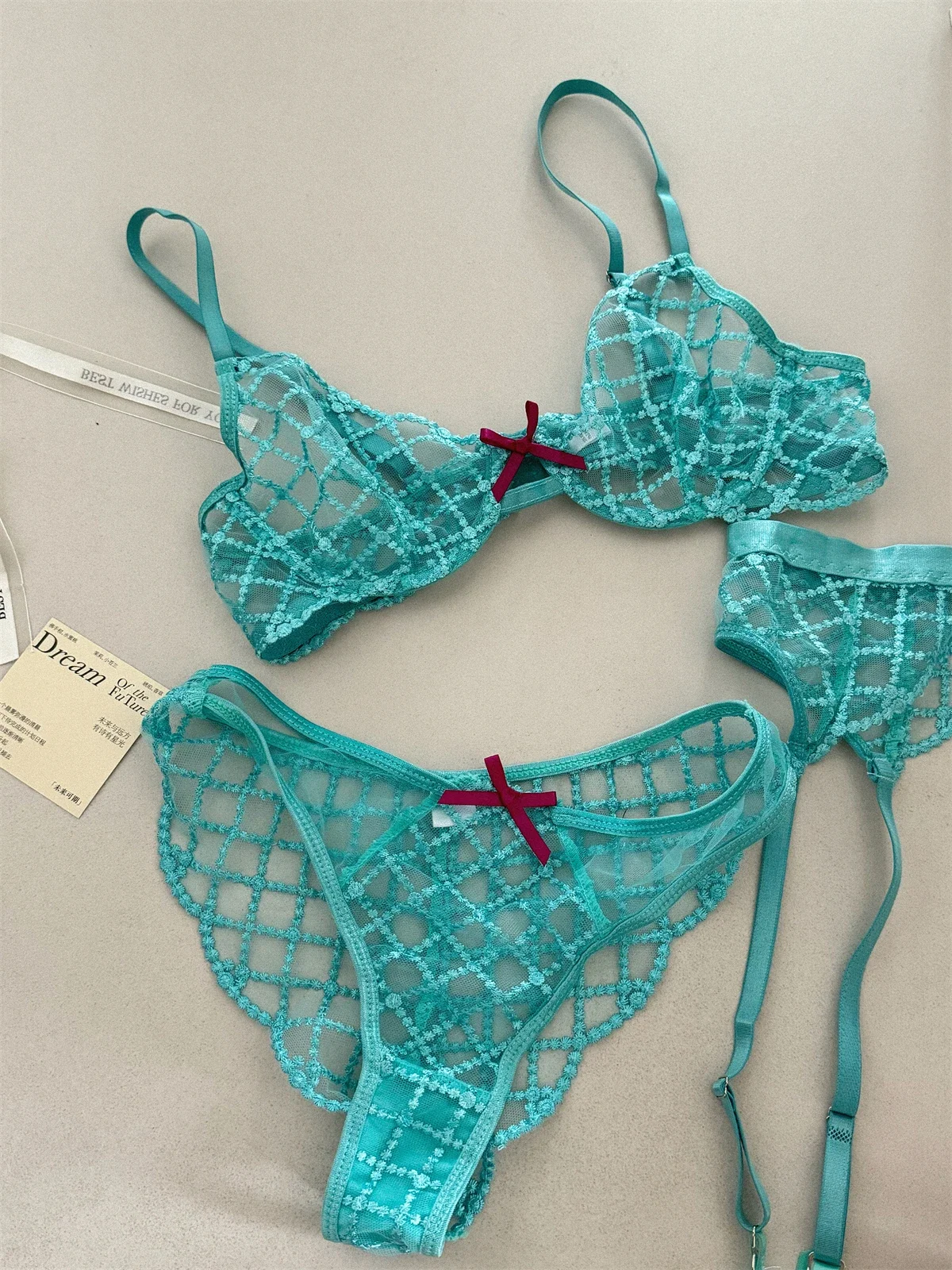 Conjunto de lingerie de três peças azul sereia, roupa íntima fina de peito grande, sutiã de renda sexy, respirável, sutiã romântico com cuecas