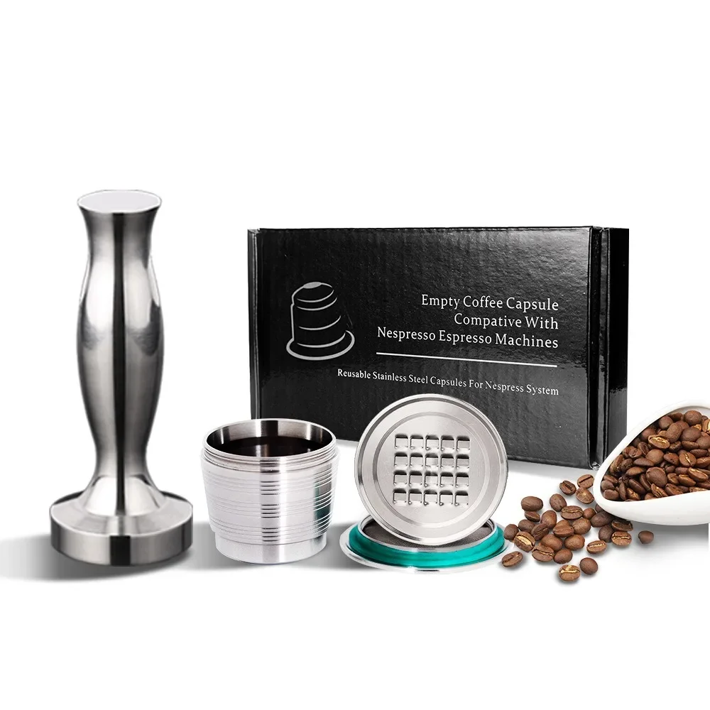 Unlimited Use Refillable Stainless Steel Coffee Capsule Spoon Brush Coffee Tamper Set Compative with Nespresso Espresso Machine