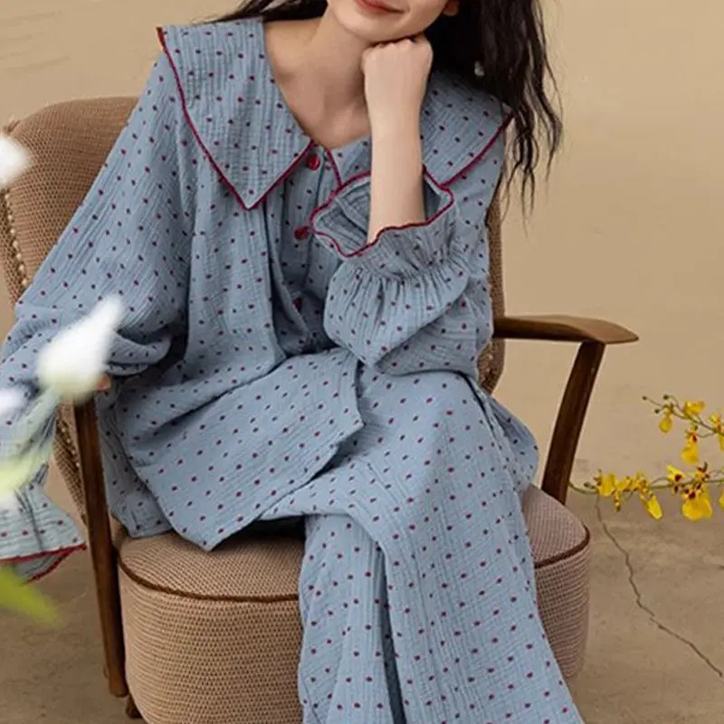 

Polka Dot Women's Pajamas Autumn Sleepwear Korean Fashion Piiama Ruffles Pants Sets 2 Pieces Night Wears Long Sleeve Home Suit