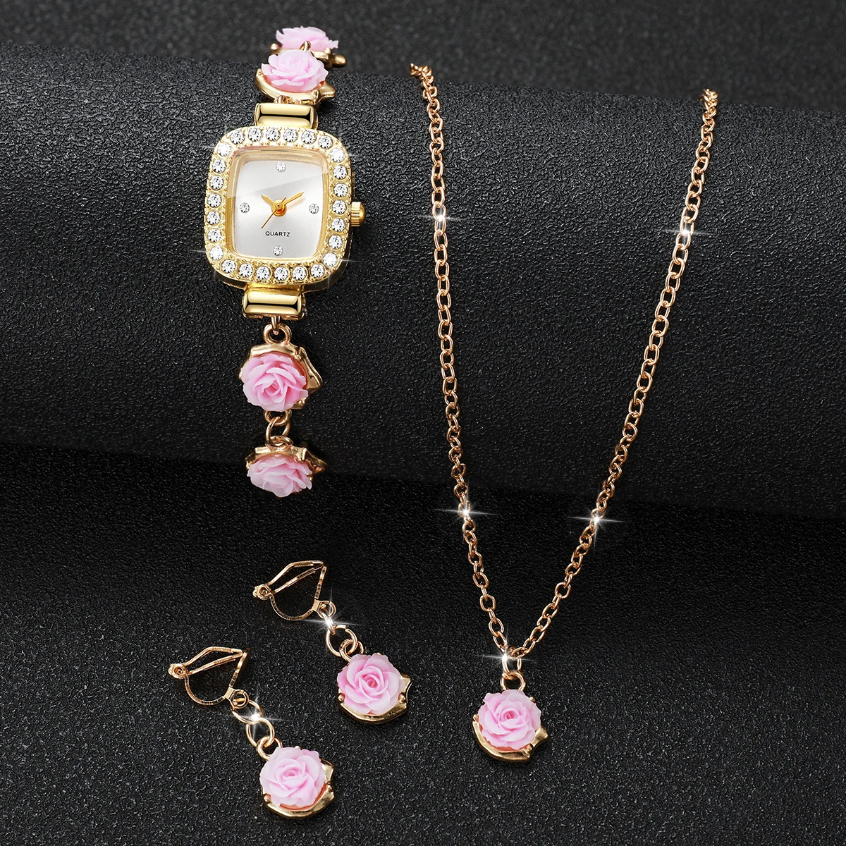4PCS Fashion Flower Women Watch Necklace Earrings Set Elegant Gold Chain Bracelet Strap Wristwatch Relogio Feminino（Without Box）