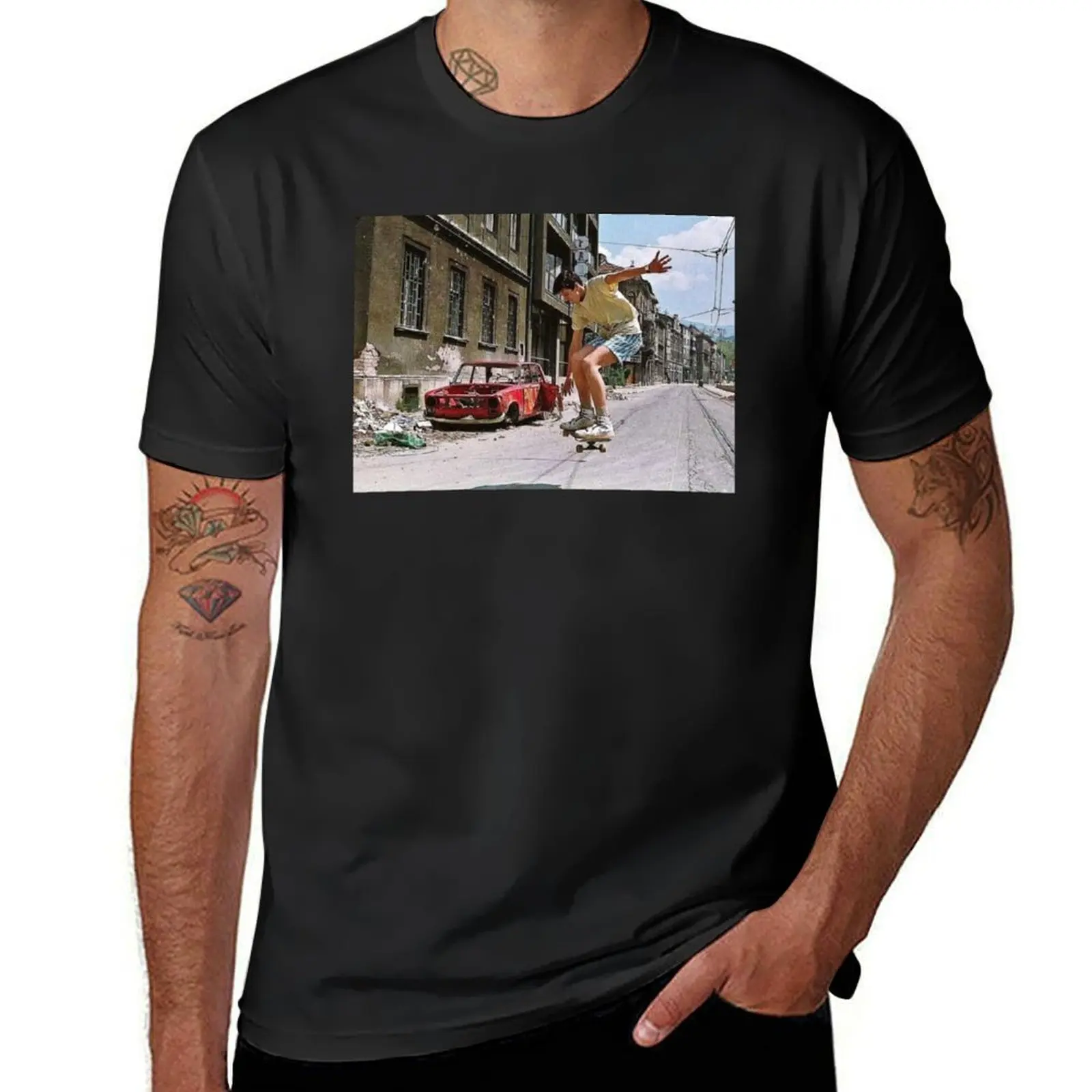 Skateboarding during siege of Sarajevo T-Shirt oversized anime hippie clothes mens white t shirts