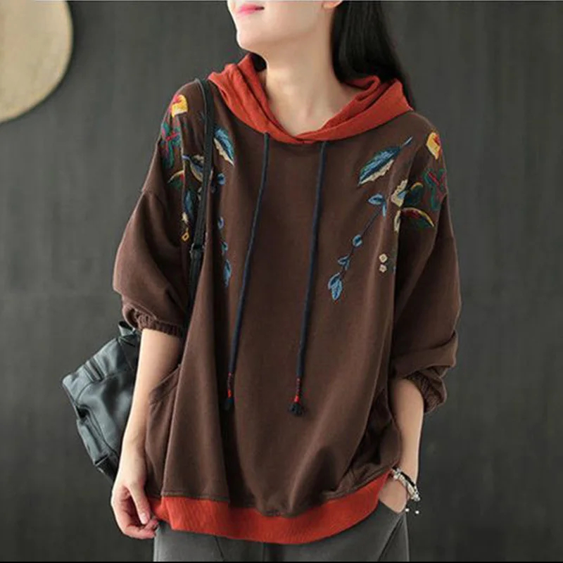 Fashion Hooded Pockets Folds Embroidery Hoodies Female Clothing 2023 Autumn New Casual Tops Loose Commute Sweatshirts