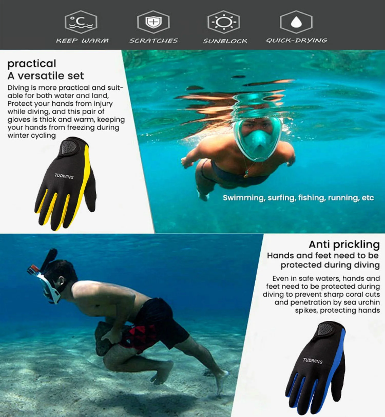 TUDIVING-1,5 mm professionele duikhandschoenen voor duiken, snorkelen, varen, surfen, kajakken, kanoën, onderwatervissers, skiën