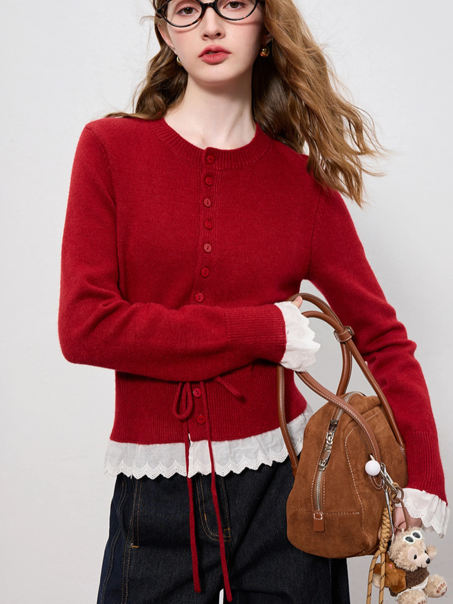 

Ele Long Sve Knitted Cardigan Sweater Outerwear round Ne Splicing Design Slimming Effect Autumn Faion Poem Art Lin