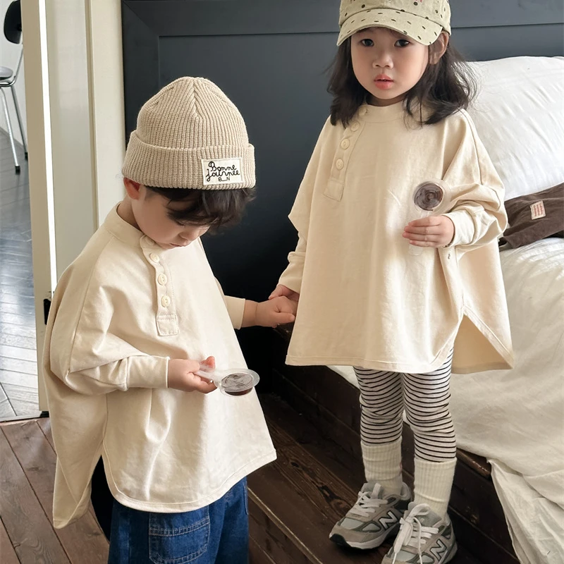 

Top T-Shirt Boy Girl 2024 Spring Autumn New Placket Japanese Loose Western Solid Color Long Sleeve Leisure Tide Simple