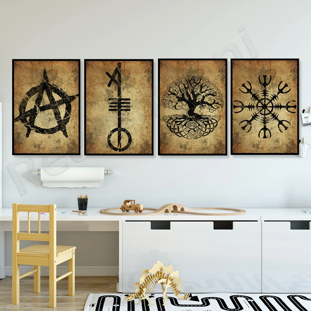 Yggdrasil Arbre de vie, Oeil de Ra, Noeud Valknut Odins, Helm of Awe, Epines endormies, Sorcellerie païenne, Décor magique, Affiche nordique