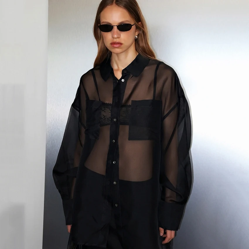 

Linad Street Chic Black Mesh Lapel Shirts Female 2026 Sexy Loose Sheer Long Sleeve Woman Blouse Summer Elegant Button Up Tops