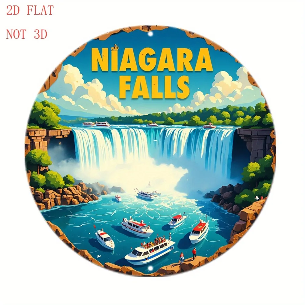 20 cm (8 Zoll) Niagara Falls & Penhalonga Berglandschaft Rundes Metall-Wandkunst-Schild - Rustikales Thema mit Booten, Fluss- und Wald-Design