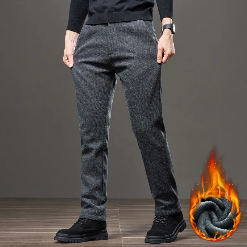 Pantalones informales de lana de chenilla para hombre, pantalones cómodos de marca de negocios de invierno, pantalones de felpa elásticos rectos de moda de terciopelo grueso