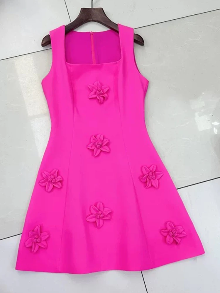 

Luxury heavy industry three-dimensional flower waist slimming dress summer new square collar sleeveless vest A-word dress skirt