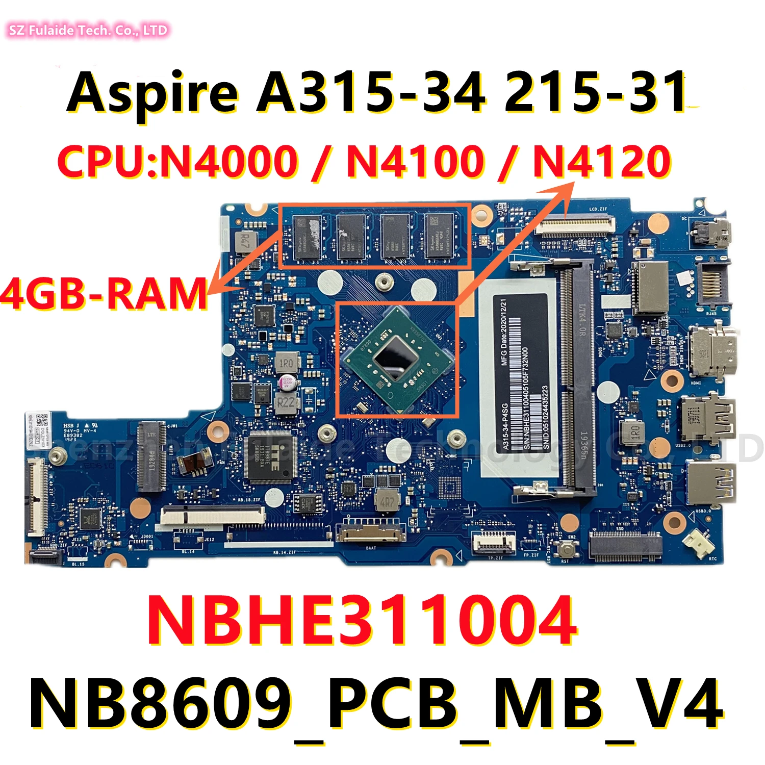 NB8609_PCB_MB_V4 V5  For Acer Aspire A315-34 215-31 N19H1 Laptop Motherboard Core N4000 N4100 N4120 N5000 CPU 4GB-RAM NBHE311004