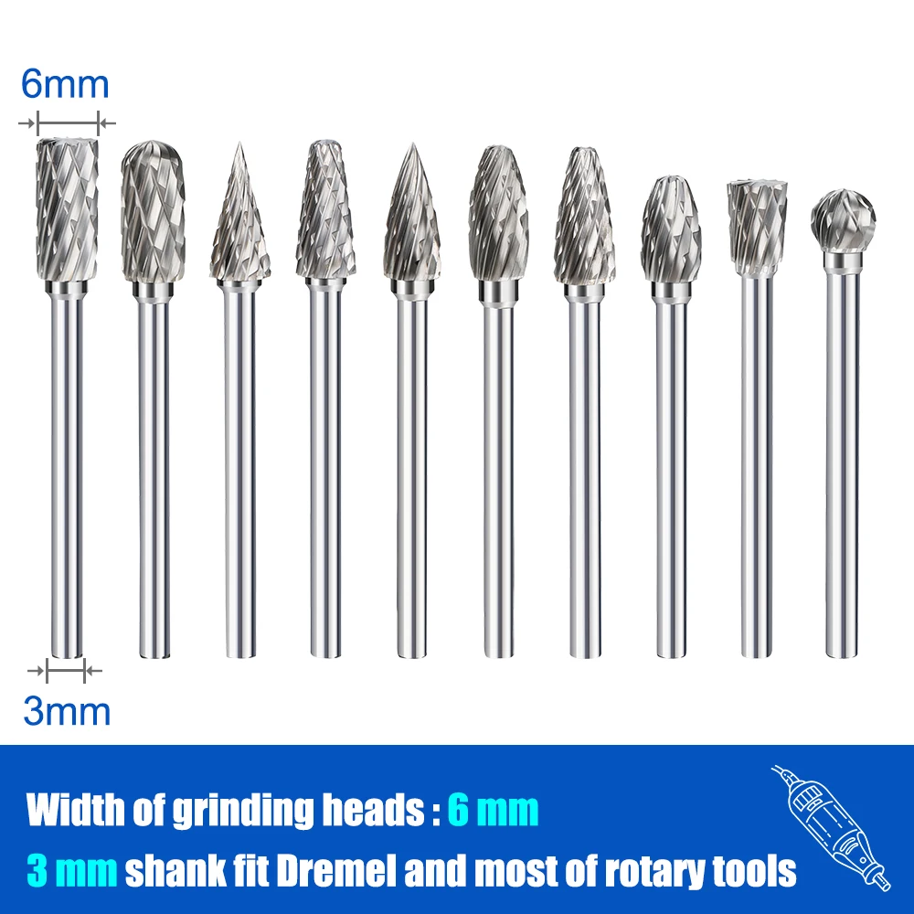 HAMPTON 10 Stück Double Cut Rotary Grate 3 x 6 mm Hartmetall-Rotationsfeile Fräser für Dremel-Rotationswerkzeuge – Detail 4