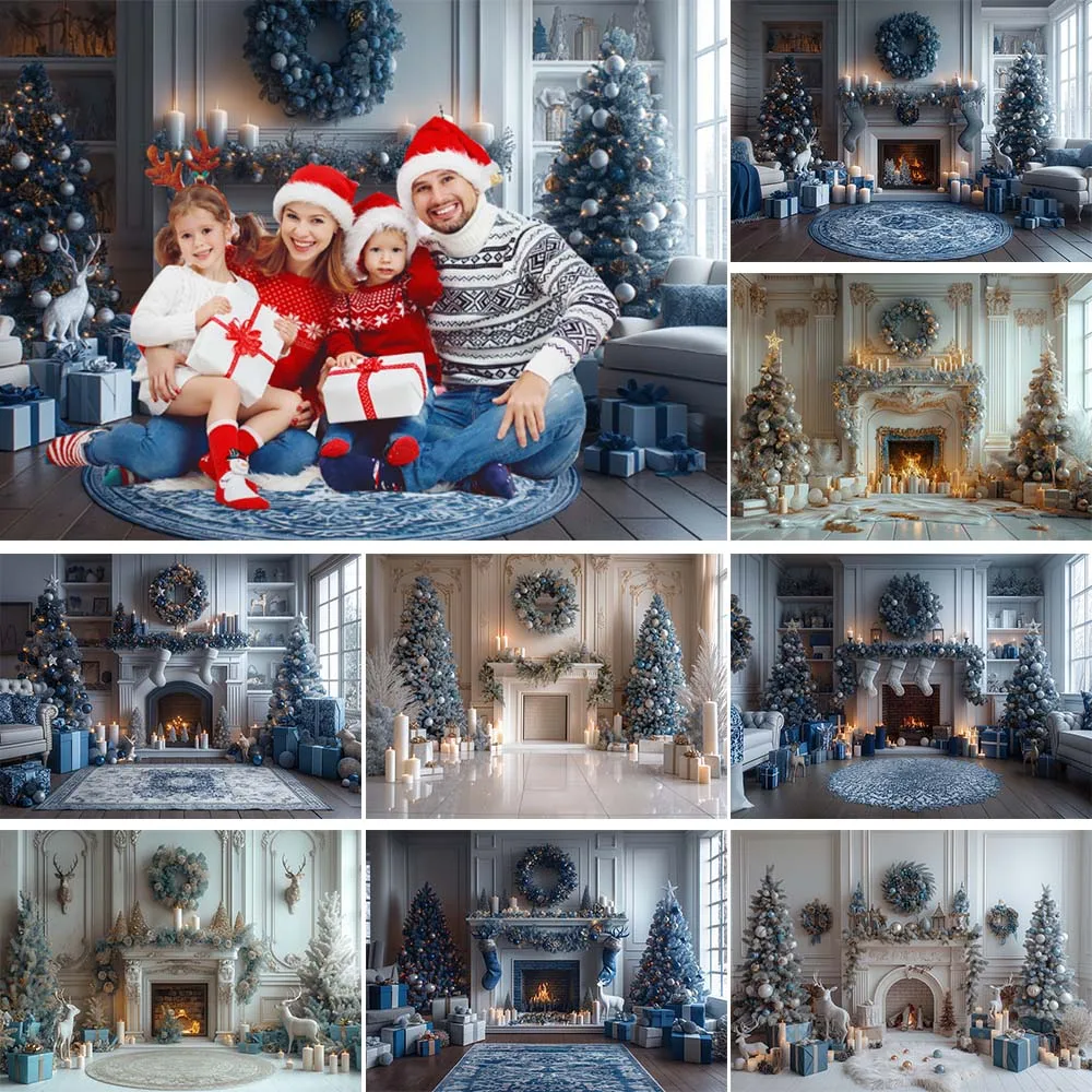 

Mocsicka Christmas Vintage Wall Photography Backdrop White Fireplace Xmas Tree Wreath Family Portrait Background Photocall Props