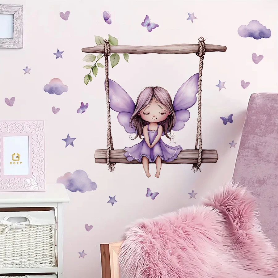 Purple Star Fairy Butterfly Swing Wall Decals - Whimsical Removable Vinyl Stickers For Kids Bedroom Nursery & Fantasy Room Decor