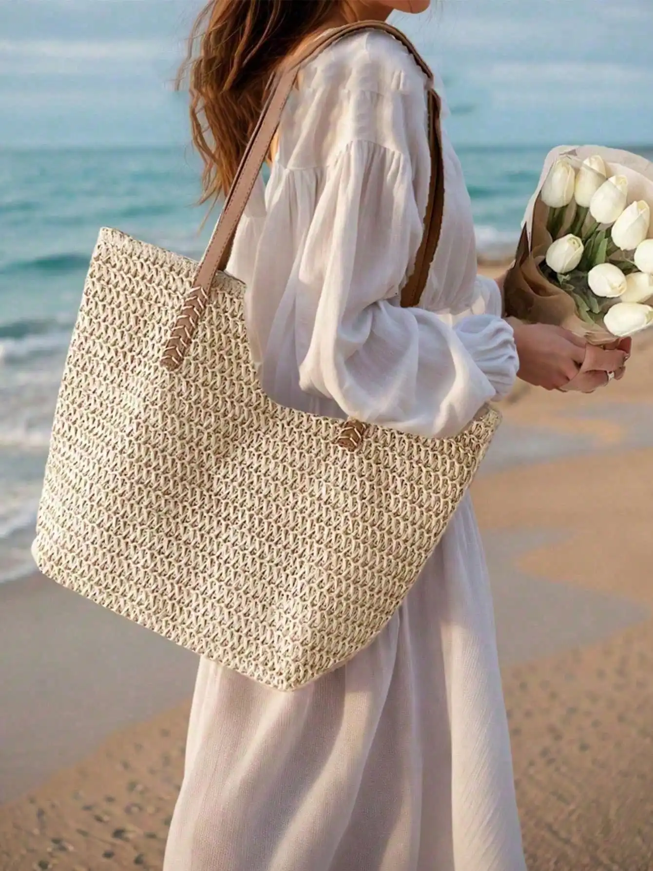 

Summer Straw Beach Tote Bag, Large Capacity Handbag, Casual Multi-Pocket Purse For Women, Suitable For Dresses, For Shopping, Travel, Storage, Woven Beach Bag, Women's Summer Straw Beach Bag, The Hottest Women Beach Bag