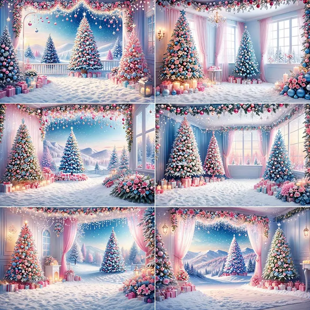 

MOON.QG Christmas Ball Pink Pine Tree Photography Backdrop Snow Winter Photozone Studio Background Children Photo Shooting Props