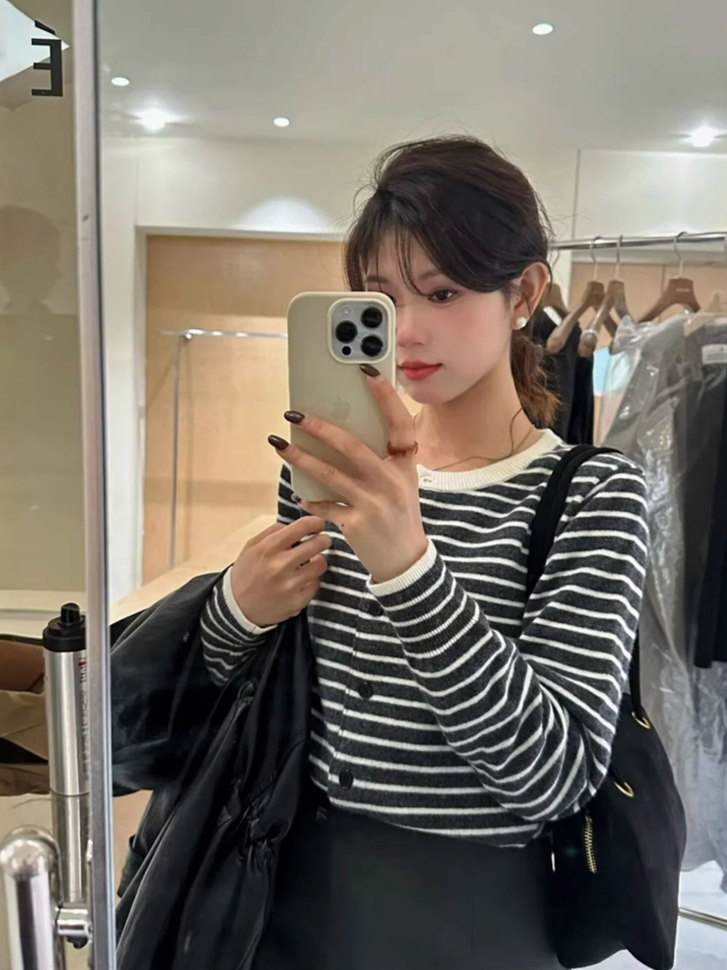 Korean Style Striped Color Block round Neck Knitted Open Cardigan Women's Spring Autumn Lightweight Mature Soft Sweater Jacket