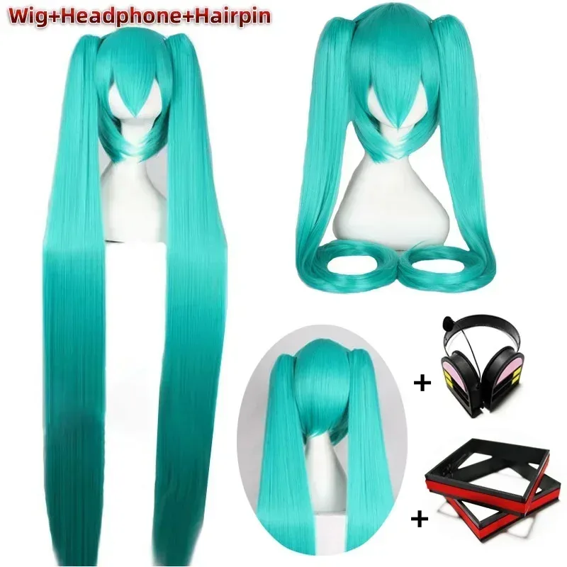 CyMikuo 110cm 긴 녹색 스트레이트 코스프레 가발 2개의 포니테일 녹색 가발 로리타 코스프레 할로윈 가발