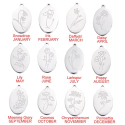 Stainless Steel Oval Birth Month Flower Charms Metal Flower Pendants For Necklace Bracelet Jewelry Making Findings 22x14mm, 1PC