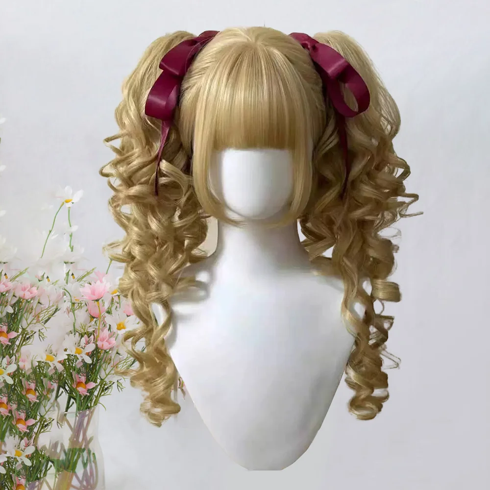 ผมสังเคราะห์คอสเพลย์โรมันเคอร์ลี่พร้อมหน้าม้า หางม้าแบบถอดได้ เหมาะสำหรับวิกผมโลลิต้าสำหรับเล่นบทบาทสมมติในอนิเมะของผู้หญิงในชีวิตประจำวัน