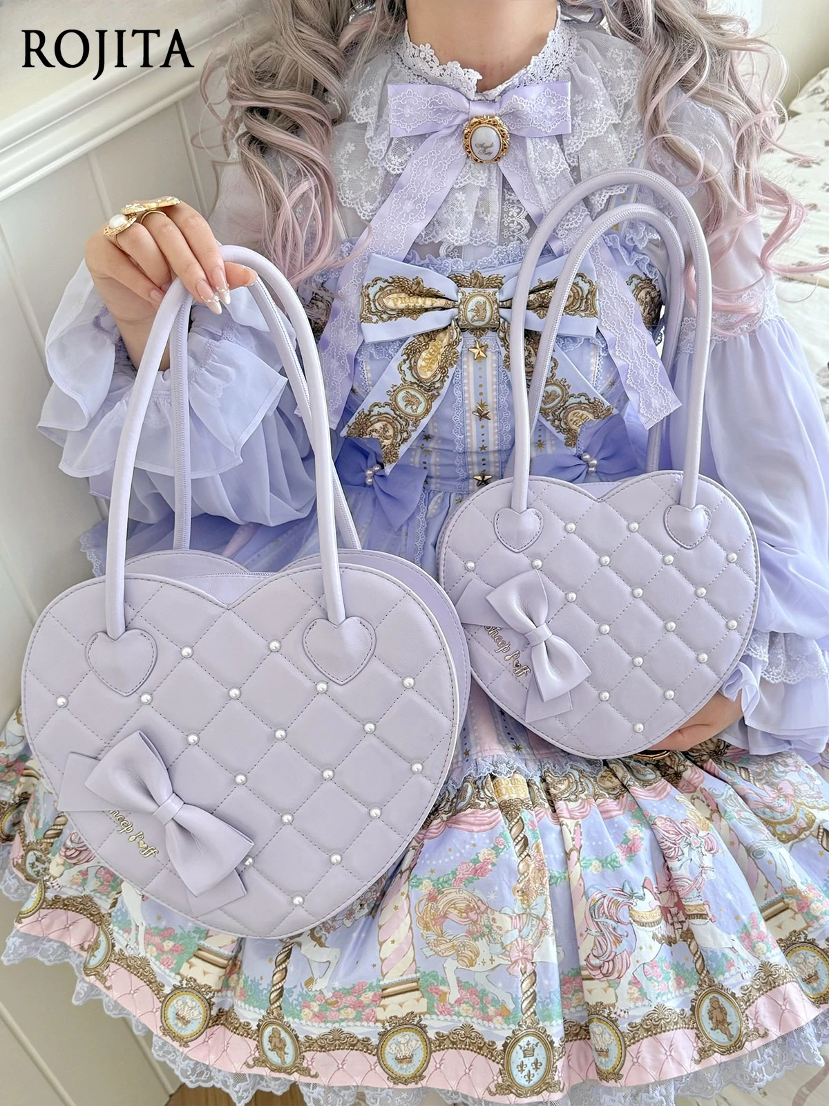 

Cute Heart Lolita Bag Faux Pearl and Bow Detail Sweet Lolita Accessory Pearl Love Bag Lolita Sweet Girl Bow Handbag