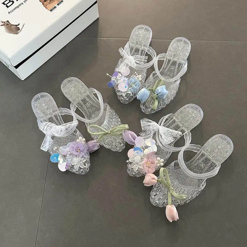 New Korean Flower Sequin Transparent High Heels Summer Women Hollow Out Outdoor Clogs Commuter Daily Dating Shopping Sandals