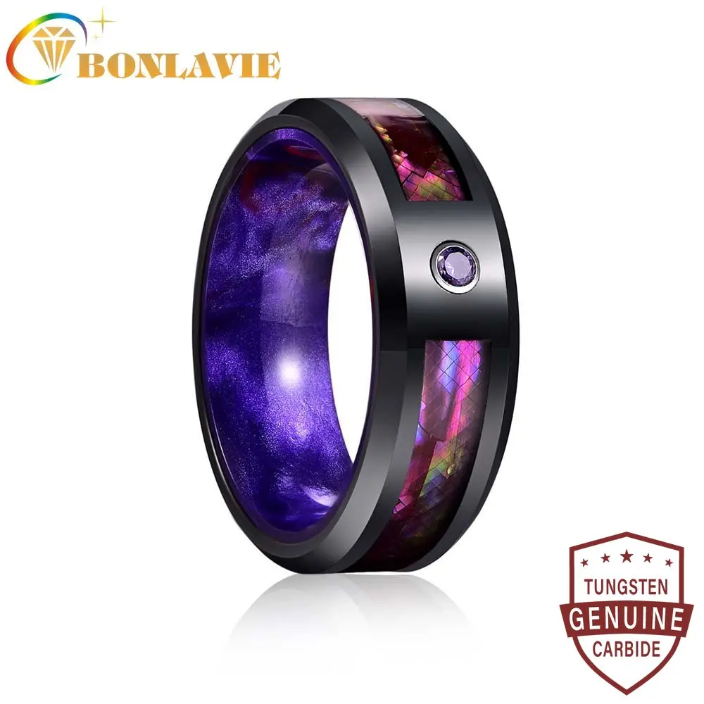 

BONLAVIE 8mm Purple Shell Paper Inner Ring Purple Resin with Electric Black Tungsten Steel Rings for Men Size 7-12