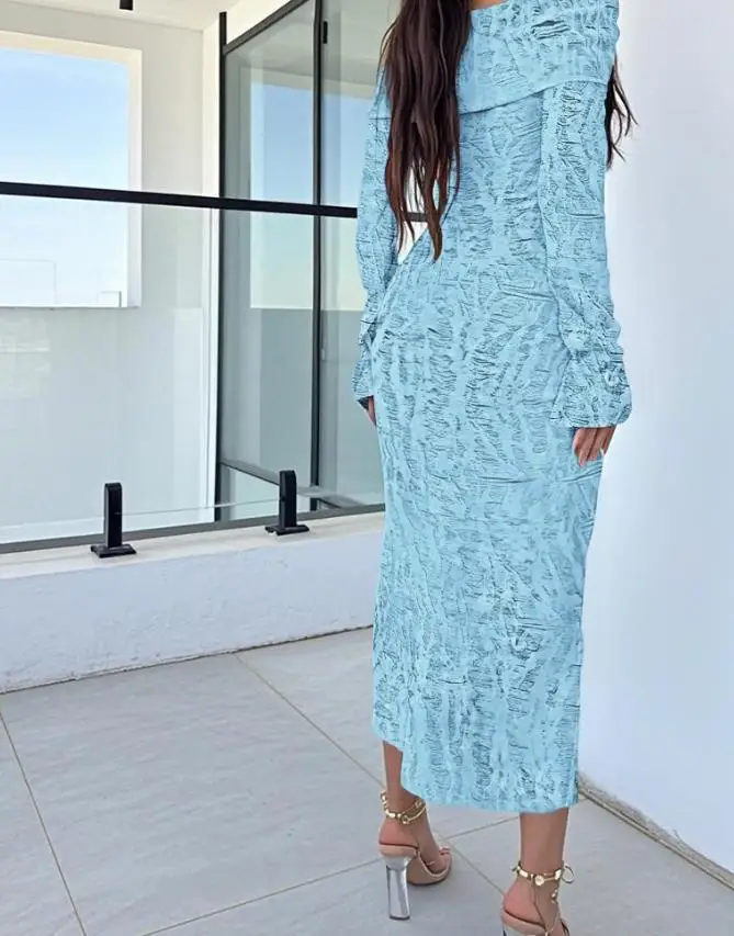 Frauen Kleid 2025, Herbst/Winter, Ombre-Druck, schulterfrei, langärmelig, figurbetontes Strickkleid, lässig, aushöhlen, hoch dehnbares Midikleid